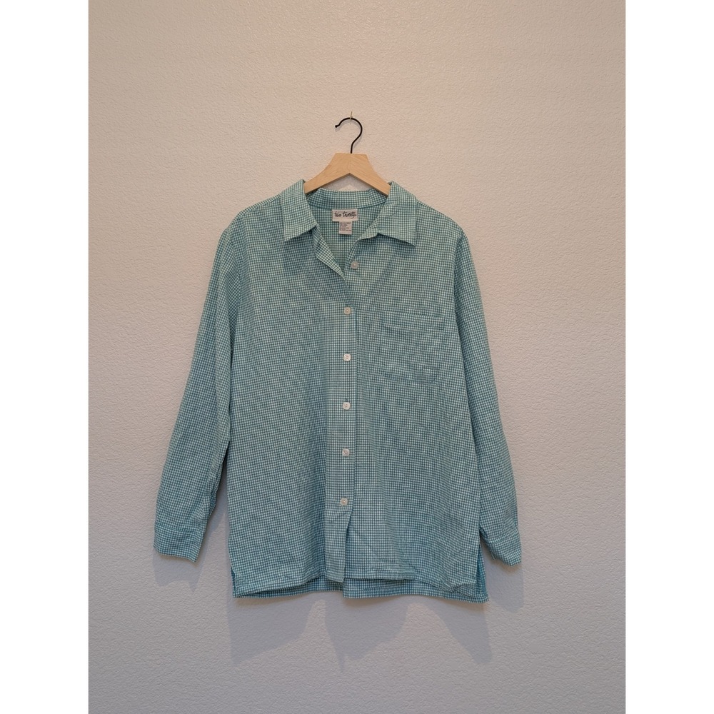 Two Twenty Teal Gingham Linen Blend Button Down Shirt XLG